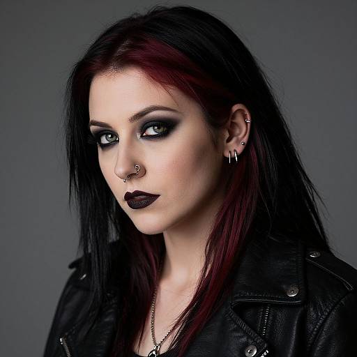 Photograph of a pale-skinned woman with dark red-black hair, black smokey eye makeup, dark lipstick, nose ring, hoop earrings, and