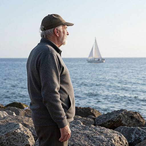 Photograph of an elderly white man with gray hair and beard, wearing a gray sweater and baseball cap, standing on rocky shore, gazing at a
