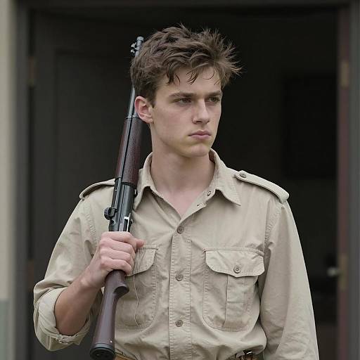 Young Man Posing with Rifle Outdoors