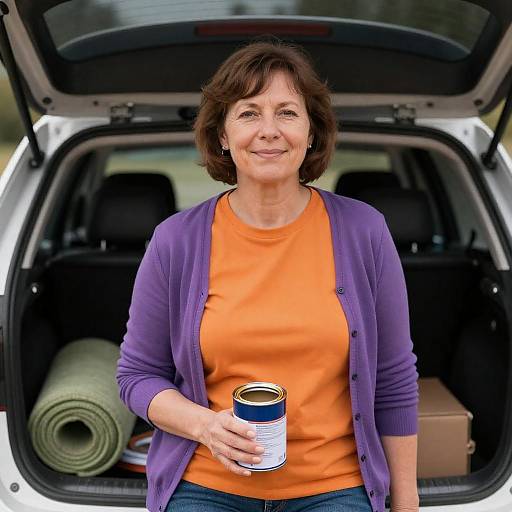 Cheerful Woman in Bright Outfit by Car