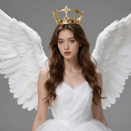 Photograph of a young woman with long brown hair, white angel wings, and a golden crown, wearing a white, strapless dress, against a
