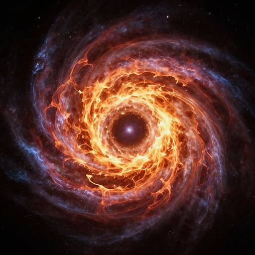 Digital art of a vibrant, swirling vortex of fiery orange and red flames with blue and white nebulous edges against a dark, star-speckled space