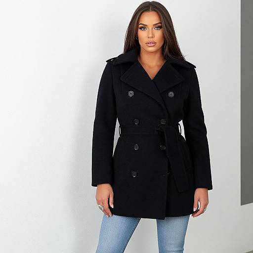 Photograph of a woman with long brown hair, wearing a black double-breasted coat and light blue jeans, standing against a white background.