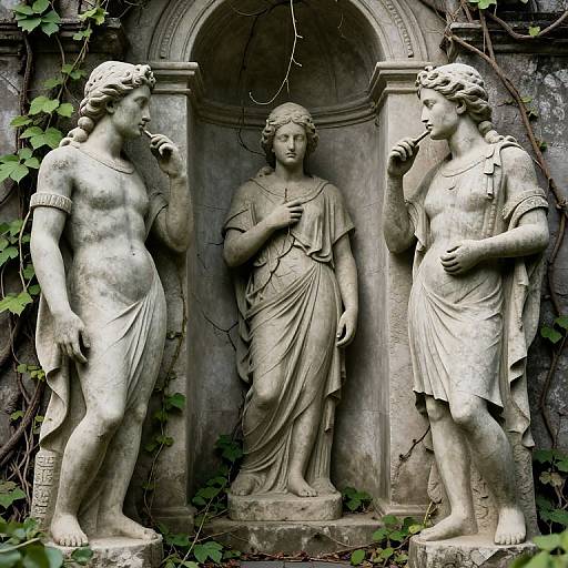 Photograph of three classical stone statues in a niche, with vines, two female figures holding flowers, and a central female figure draped in a toga