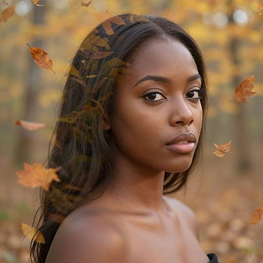 Photograph of a beautiful young Black woman with dark skin and long, straight black hair, gazing thoughtfully, surrounded by falling autumn leaves in a