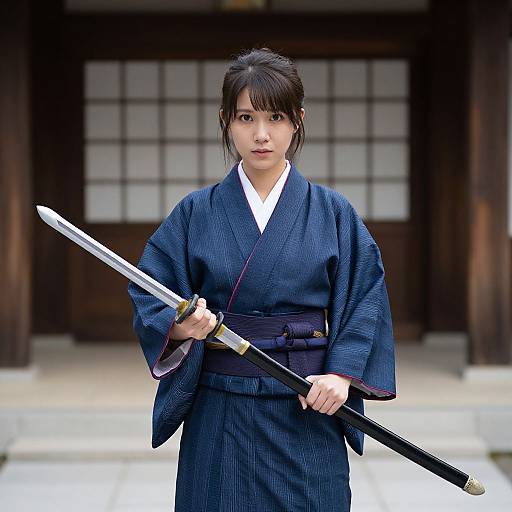 Photograph of a serious Japanese woman in a navy blue kimono holding a katana, standing in front of a traditional wooden building with shoji screens