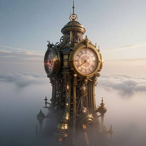 Photorealistic CGI of a steampunk clock tower with multiple ornate clocks, rising through fluffy clouds at sunrise.