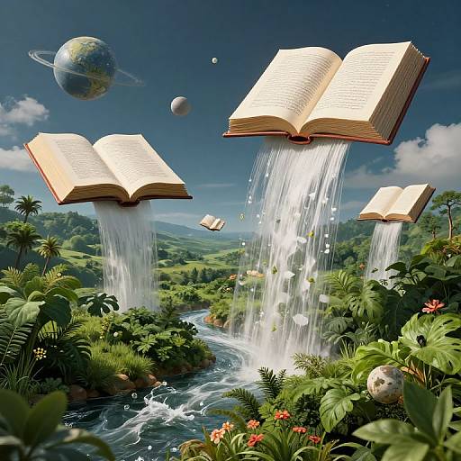 Digital artwork of three floating, open books releasing waterfalls into a lush, tropical landscape with planets in the sky.