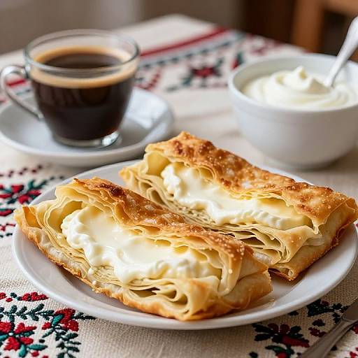 Photograph of two layered, golden-brown pastries with cream filling on a white plate, accompanied by a glass of espresso and a white bowl of