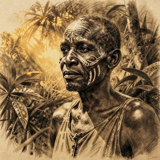 Sepia-toned digital drawing of an African man with tribal face paint, standing amidst palm leaves, wearing a simple shirt. His expression is serious,