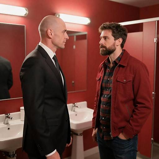Intense Conversation in a Colorful Bathroom