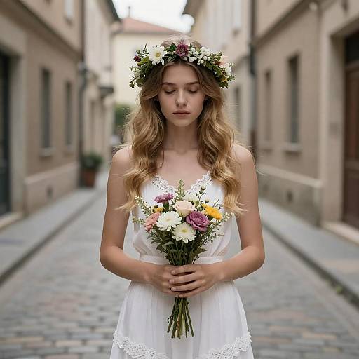 Floral Crowned Woman in Cobblestone Alley
