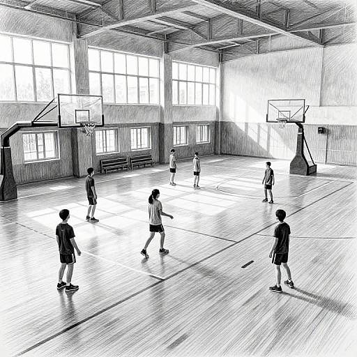 Black-and-white digital drawing of six children playing basketball in a spacious, sunlit gymnasium with large windows and two basketball hoops.