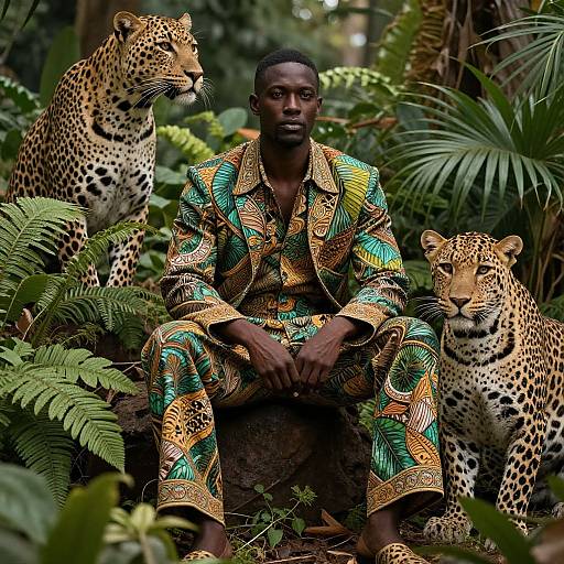 Photograph of a dark-skinned man in vibrant, patterned African suit seated between two leopards in lush, green jungle.