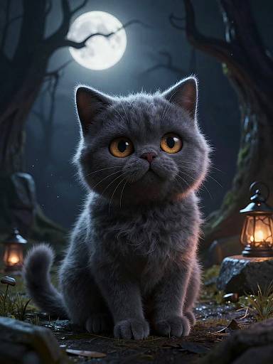 Digital painting of a fluffy, grey kitten with large, amber eyes, sitting in a dark, moonlit forest, surrounded by glowing lanterns.