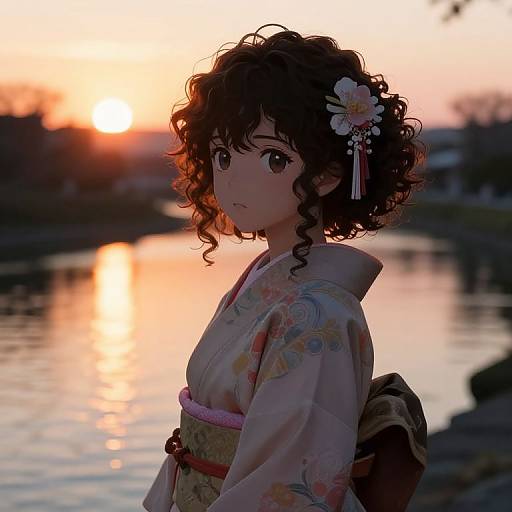 Curly Haired Anime Girl in Kimono