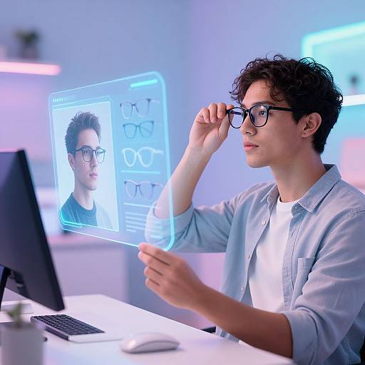 Young man with curly hair and glasses, wearing light blue shirt, interacts with virtual augmented reality interface displaying his image.