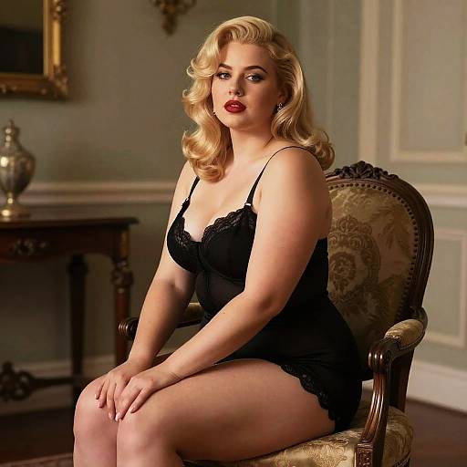 Photograph of a curvy, blonde woman with red lipstick, wearing a black lace lingerie top, seated on an ornate chair in an elegant,