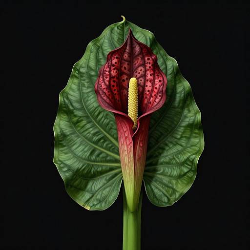 Photograph of a vivid red and yellow passionflower with green, veined leaves against a black background, showcasing intricate petal patterns and detailed textures.