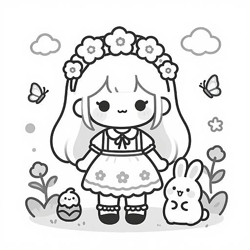 Chibi Girl with Bunny in Spring Garden
