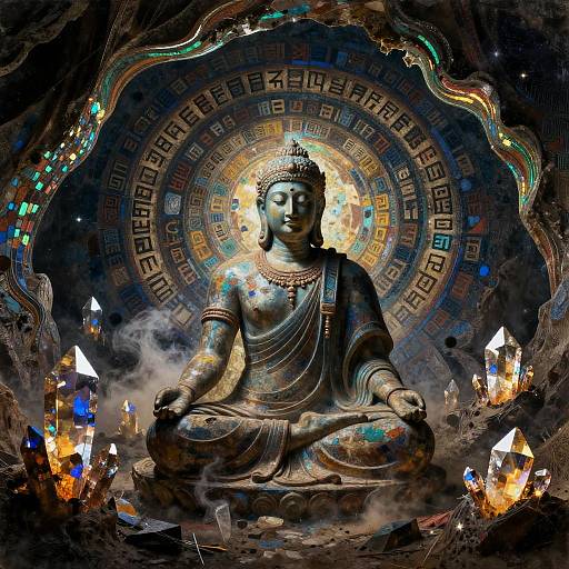 Digital art of a glowing, bronze Buddha statue with intricate patterns, sitting cross-legged amidst vibrant, crystalline flames and mist.