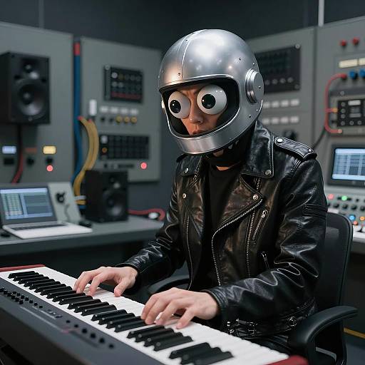Futuristic Keyboardist in Dark Control Room