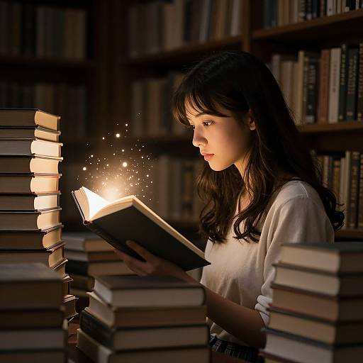 Photograph of a young woman with long dark hair, wearing a white sweater, reading a book with a magical glow in a dim, book-filled library