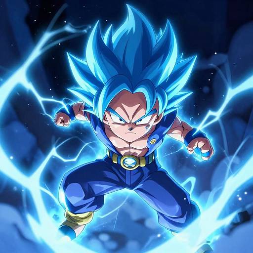 Digital anime artwork of Super Saiyan Blue Goku, with spiky blue hair, glowing aura, lightning bolts, and intense expression, mid-attack.