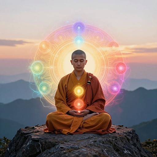 Photograph of a meditating Buddhist monk in orange robes, seated on a rock, surrounded by colorful, glowing chakras at sunset.