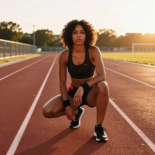 Sunlit Athletic Woman Squatting on Track