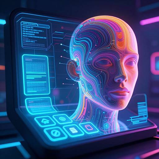 Digital CGI of a neon-lit, futuristic human head displayed on a glowing tablet, showcasing vibrant blue, pink, and orange circuitry patterns.