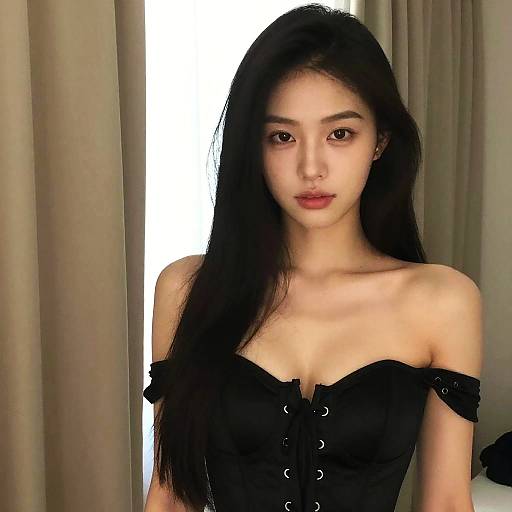 Photograph of an Asian woman with long black hair, wearing an off-shoulder black corset, standing in front of beige curtains.