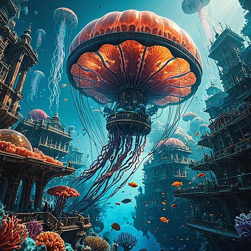 Steampunk Jellyfish Over Underwater Coral City