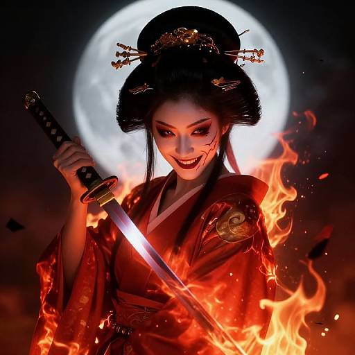 Digital art of a smiling, pale-skinned geisha with black hair in an ornate updo, holding a katana, surrounded by flames,