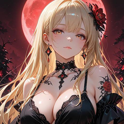 Anime Girl with Red Moon Background