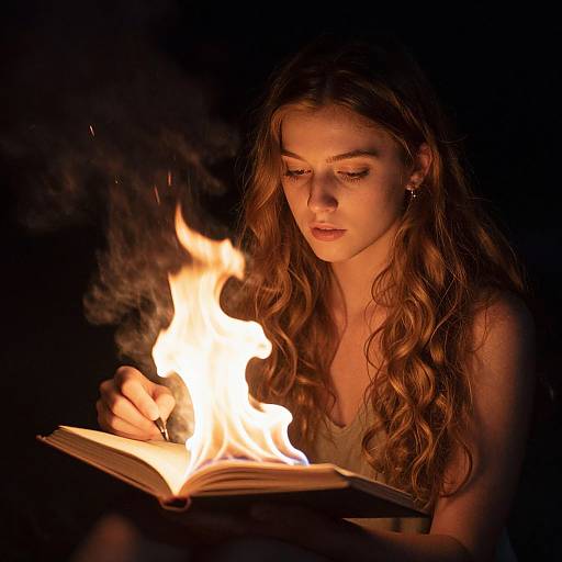 Photograph of a young woman with long, wavy brown hair reading an open book illuminated by a vivid, flickering fire in a dark background.
