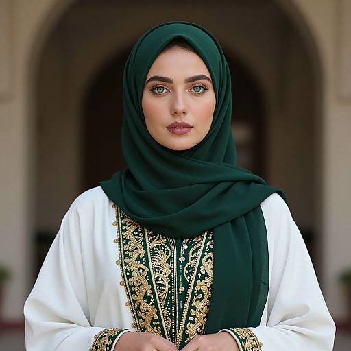 Photograph of a beautiful woman with fair skin, green eyes, and dark green hijab, wearing a white embroidered traditional dress with black and gold patterns