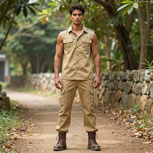 Man in Sleeveless Khaki Outfit Standing on Forest Path