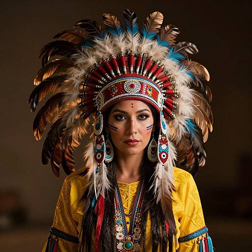 Photograph of a Native American woman with dark skin, wearing a vibrant feathered headdress, yellow traditional dress, and intricate face paint, set against