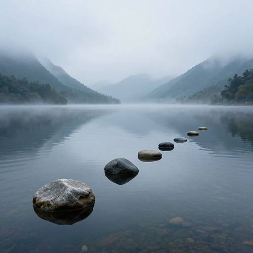Photograph of a serene, misty mountain lake with smooth, dark rocks leading from the foreground to the mist-covered, forested mountains in the background