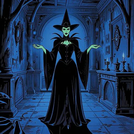 Digital drawing of a mysterious witch in a black gown and pointed hat, standing in a blue-lit, Gothic-style room with ornate walls and candles