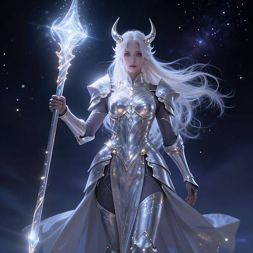Digital artwork of a silver-haired, horned, armored female warrior holding a glowing, crystal-tipped staff against a starry night sky.