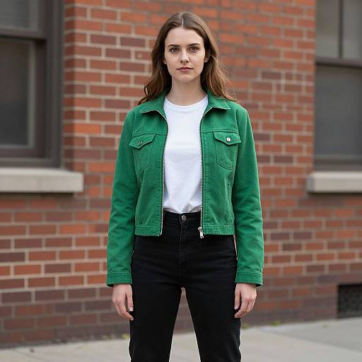 Photograph of a young woman with long brown hair, wearing a green jacket, white shirt, and black pants, standing in front of a red brick