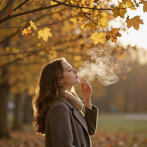 Photograph of a young woman with wavy brown hair, smoking a cigarette, wearing a gray coat and beige scarf, against a backdrop of autumn leaves