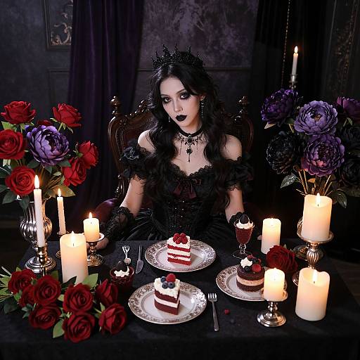 Gothic woman with black lace dress, dark makeup, crown, and black lipstick, sits at dimly lit table with candles, red roses,