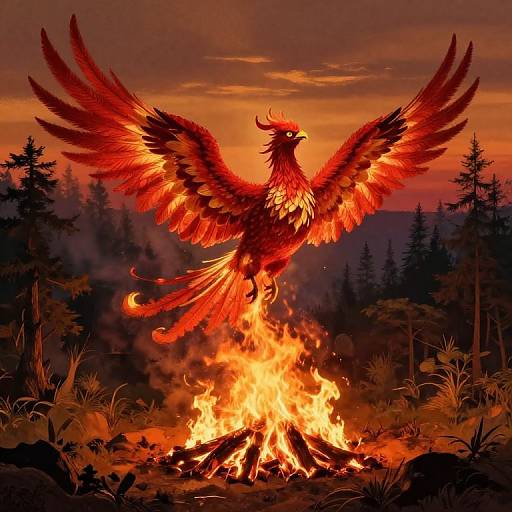 Digital illustration of a vibrant, red phoenix with outstretched wings rising from a blazing fire at sunset, surrounded by dark pine trees and grassy terrain