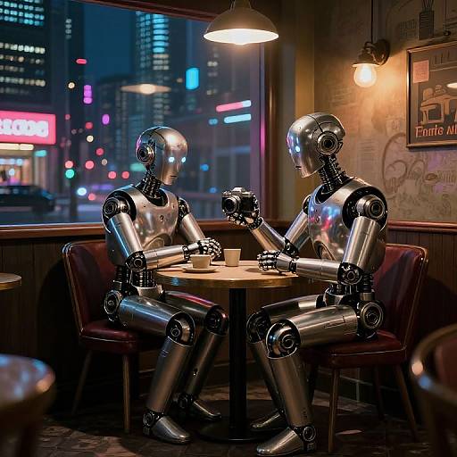 Photograph-style CGI: Two shiny metallic robots sit at a dimly-lit café table, holding cups, with a neon-lit cityscape background