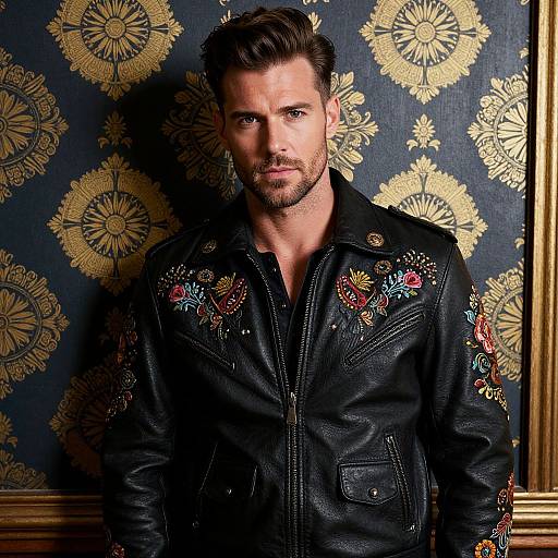 Stylish Man in Embroidered Leather Jacket