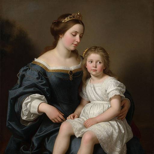 Baroque-style painting of a fair-skinned woman in a blue gown with gold trim, crowned, holding a young girl in a white dress. Dark