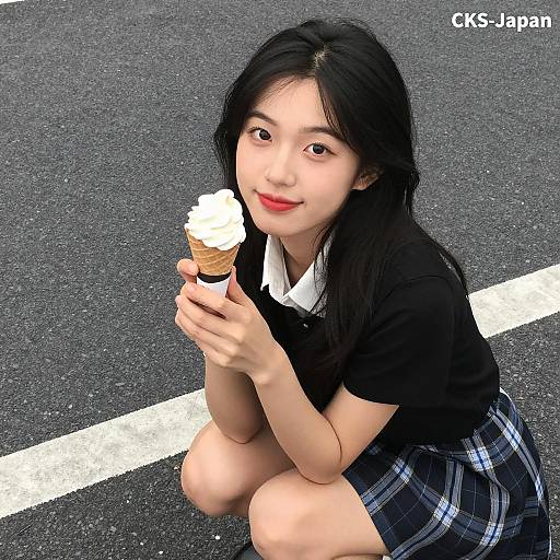 Asian Woman Holding Ice Cream Cone Outdoors
